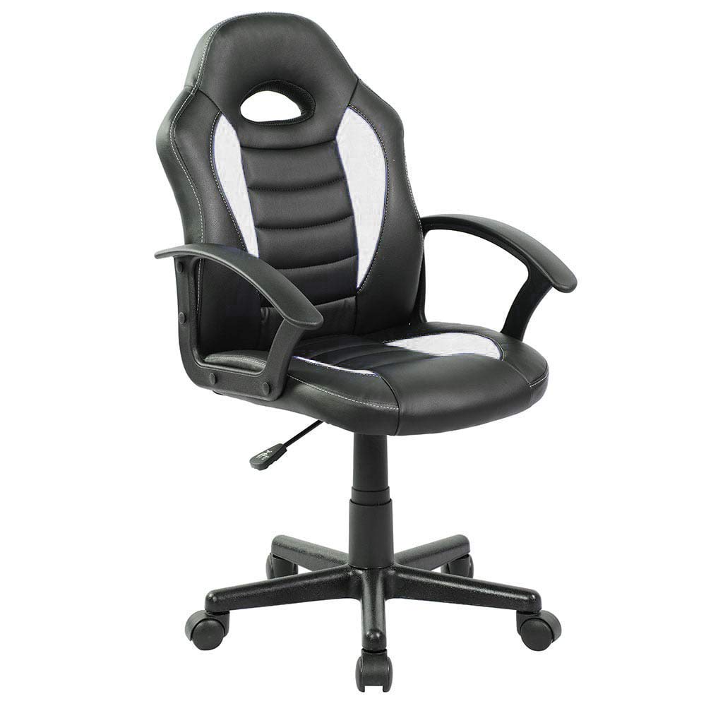 T-LoVendo TLV-AM-CGC35-WHITE Silla Gaming Racing para Niños Escritorio Estudios Videojuegos Sillón Gamer con ruedas, de cuero sintético, Negro/Blanco