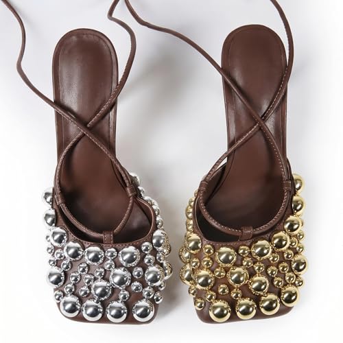 Image of Saint Leia Women's 4IN High Heel Sandals Nude Stiletto Pumps with Gold Silver Pearls Heels for Weddings Parties and Evening Wear