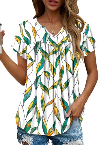 KISSMODA Tops for Womens Summer Cute Short Sleeve Shirts Trendy Notched Neck Blouses Casual Loose Pleated Tunics S-3Xl