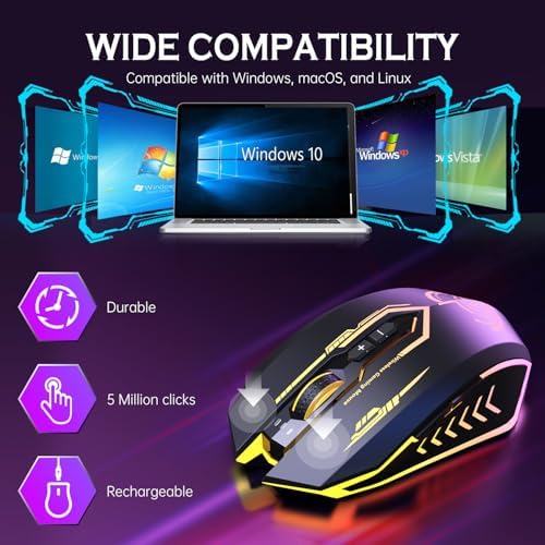 Wireless Gaming Mouse Up to 10000 DPI, UHURU Rechargeable USB Wireless Mouse with 6 Buttons 7 Changeable LED Color Ergonomic Programmable MMO RPG for PC Laptop, Compatible with Windows Mac - 5
