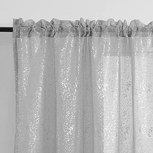 Kotile Silver Voile Curtains for Bedroom - Metallic Silver Sparkle Net Curtains 54 Inch Drop, Rod Pocket Light Filtering Privacy Silver Gray Sheer Curtains, W46 x D54 Inch, 2 Panels, Silver Gray