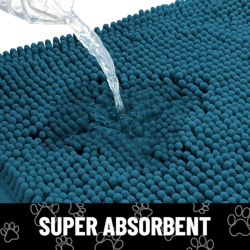 Image of Smiry Dog Door Mat for Muddy Paws, Absorbent Dirt Trapper Non Slip Quick Dry Washable Chenille Mat for Mud Dogs, Entry Rug for Indoor and Outdoor (24x16 Inches, Atlantic Blue and White)