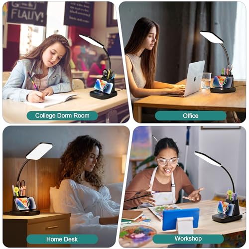LED Desk Lamp with Wireless Charger and Pen Holder for Home Office or College Dorm Room