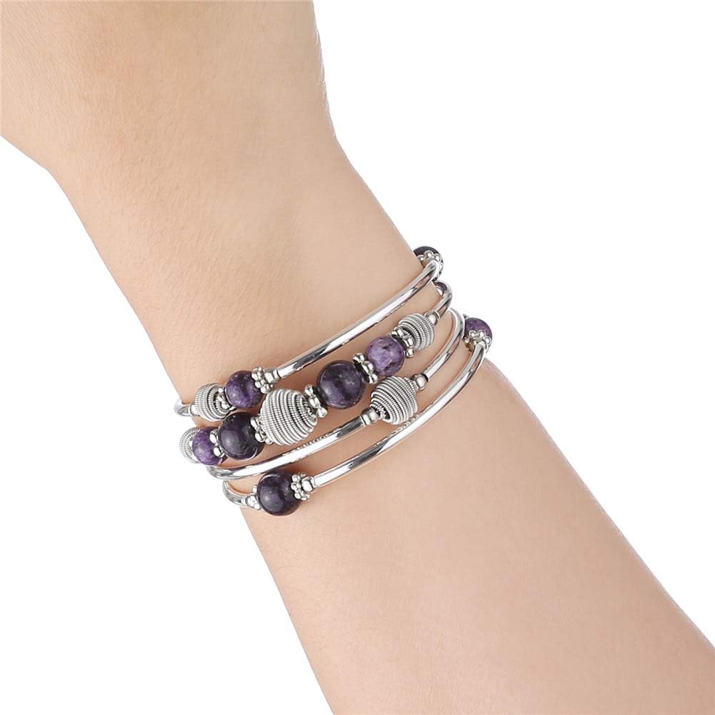 PEARL&CLUB Beaded Chakra Bangle Turquoise Bracelet - Fashion Jewelry Wrap Bracelet with Thick Silver Metal and Mala Beads, Birthday Gifts For Women - Image 2