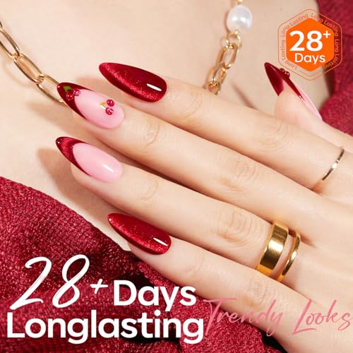 Image of modelones Red Cat Eye Gel Polish Burgundy Red Gel Polish Magnetic Glitter Holographic Ruby Red Gel Nail Polish Valentine Reflective Jelly UV Gel 15 ML