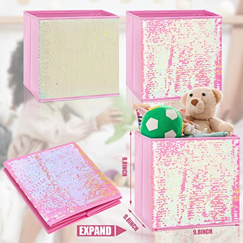 6 Pcs Foldable Sequin Storage Basket Bin 10 Inch Large Fabric Storage Cubes Storage Bin Closet Bins Nursery Bins Shelf Baskets Kids Toys Organizer Boxes For Nursery Home Bedroom Drawer (Pink) #TOP2