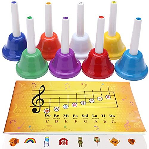 Intemenos 8 Diatonic Color-Coded Hand Bells With Sheet Music Book, Stickers, Musical Dominoes For Children, Adult #TOP6