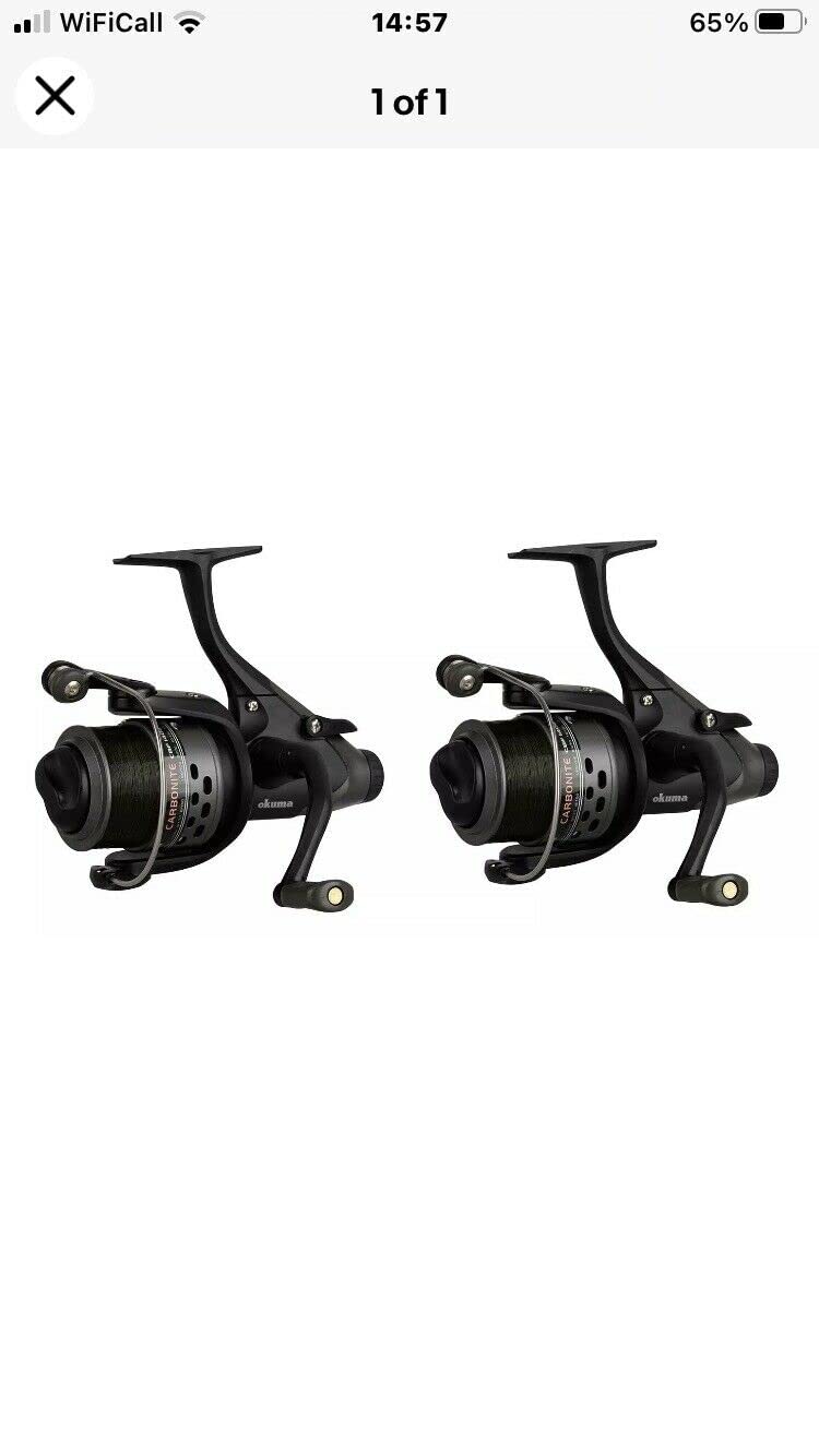 2 X Okuma Carbonite 55XP BF FreeSpin Carp Reels + Line & Spare Spools