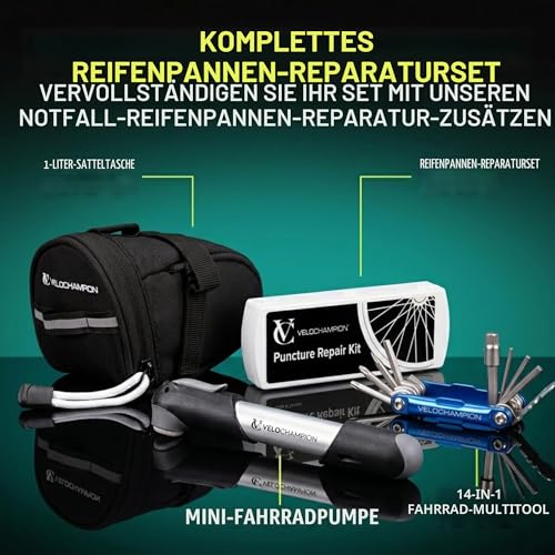 VeloChampion Mini Fahrradpumpe, kompakte Luftpumpe 100 PSI/6.8BAR für Presta, Schrader & Dunlop Ventile, für Rennrad, Trekkingrad & E-Bike, mit Rahmenhalterung, Ballnadel (Pumpe)