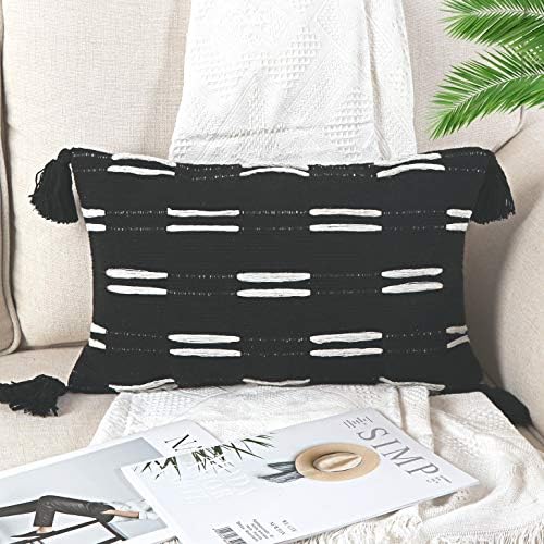 Sungea Farmhouse Black and White Lumbar Pillow Cover, 12 x 20 Decorative Throw Pillow Case Tribal Tufted with Tassel Cotton Woven Cushion Cover Accent Neutral Collection for Sofa Couch Living Room Car