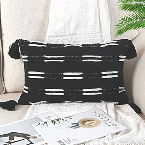 Sungea Black and White Decorative Lumbar Throw Pillow Covers, 12x20 Inch, Boho Farmhouse Modern Home Decor Woven Couch Cushion Case for Bedroom Living Room Sofa Car Cover
