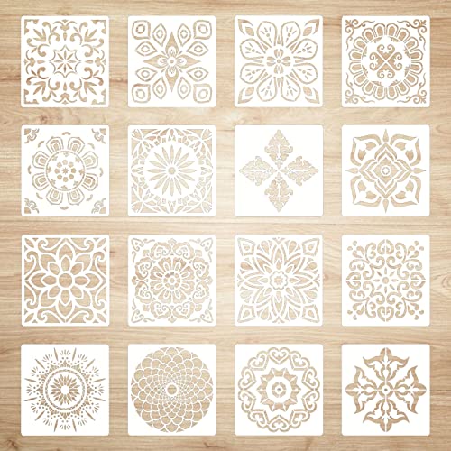 Lot de 16 pochoirs réutilisables Mandala pour mur, meubles, sol, fenêtre, pierres, tissu, carrelage et scrapbooking