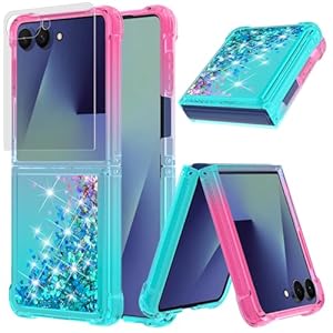 TTYSHTT for Samsung Galaxy Z Flip 7 5G Case with 1Pack Tempered Glass Screen Protector,Glitter Liquid Bling Soft TPU Shockproof Rugged Heavy Duty Bumper Full Body Protective Case (Pink/Green)
