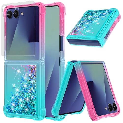 Funda Carcasa para Samsung Galaxy Z Flip 7 Glitter, 1 Vidrio Templado Protector de Pantalla,Transparente de Silicona Brillante Carcasa TPU Flexible, Parachoques con Esquinas reforzadas,Rosa/Verde