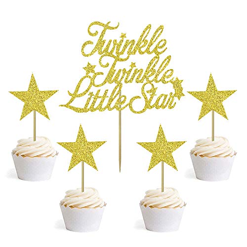 Gold Glitter 1 Twinkle Twinkle Little Star Cake Topper and 36PCS Little Star Cupcake Topper for Birthday Wedding Engagement New Years Eve Party Decorations