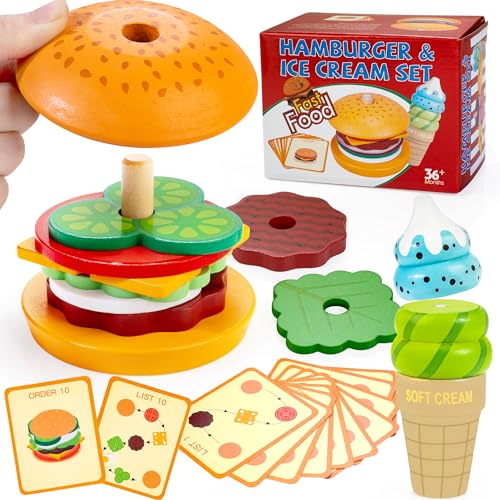 Bravmate Montessori Toy for 1 2 3 Years Old Children, Realistic Wooden Hamburger Ice Cream Stacking Toy, Fine Motor Skills Educational Toy, Fake Food Toy for Children from 1 Year
