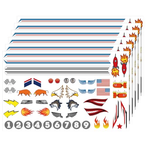 MotiMind 6 Pcs Derby Car Sticker Set Flags Theme Racing Stickers Cool Stripes Flame Numbers Lights and More Decals for Your Derby Car