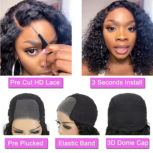 wear and go glueless wigs human hair pre plucked pre cut lace front wigs for black women 180 density water wave bob wig human hair curly wig 14 inch
