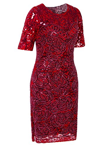 Vijiv Women Vintage Style Lace Beaded Cocktail Dress Sequin Great Gatsby Flapper Dress For Wedding Party With Sleeves,Red,Large