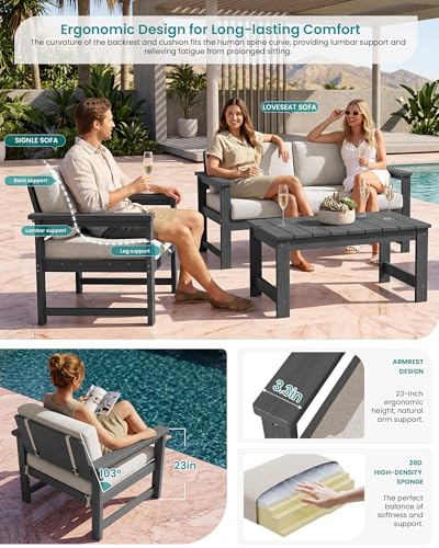 Image of SERWALL 4 Pieces HDPE Outdoor Sofa Set with Cushions, All Weather Use Loveseat Furniture Sofa Set, Outdoor Conversation Couch with Coffee Table for Patio, Grey Frame with Khaki Cushions