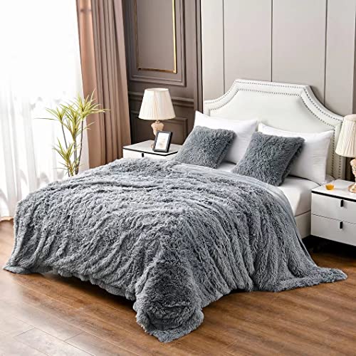 YUSOKI Grey Queen Faux Fur Blanket,2 Layers,Queen90" x 90" Without Pillows Big Soft Plush Fuzzy Large Warm Fluffy Gray Throw Blanket for Bed