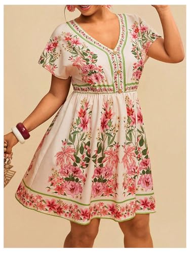 Image of Floerns Women's Plus Size Summer Vacation Wrap V Neck Short Sleeve Ruffle Hem A Line Hawaiian Short Dress