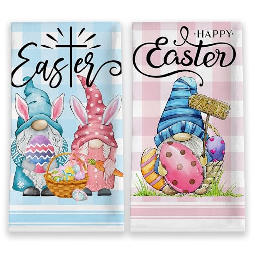 Hexagram Easter Kitchen Towels 18”x 28”, Easter Kitchen Decor, Gnome Hand Towels for Bathroom Sets of 2, Blue and Pink Buffalo Plaid Dish Towel, Housewarming Gifts for Home