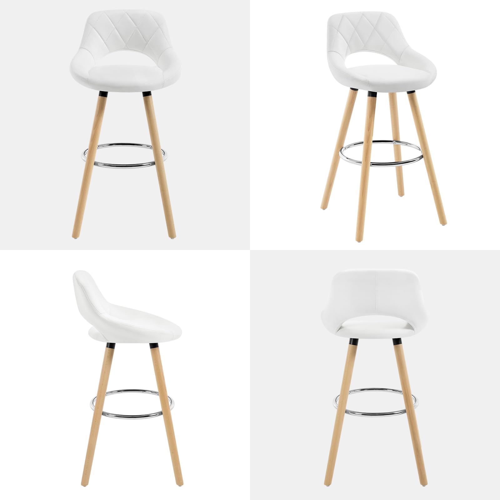 WOLTU Juego de 2 Taburetes Altos con Respaldo Ahuecado y Reposapiés, para Bistro, Cafeteria y Cocina, con Funda de Piel Sintética y Patas de Madera, Blanco