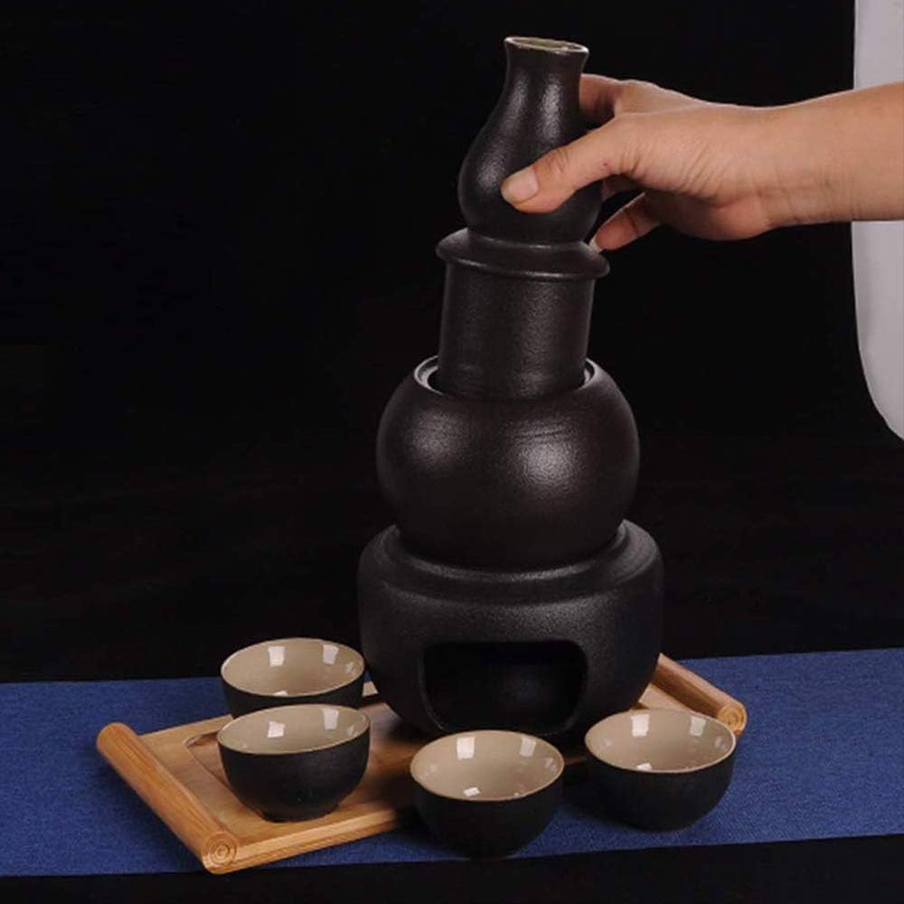 7 Piece Sake Set, Ceramic Wine Glasses Set with Warmer Pot and Heating Furnace, 7oz Gourd Design, for Cold/Warm/Shochu/Tea, Best Gift for Family and Friends-Combination Sets