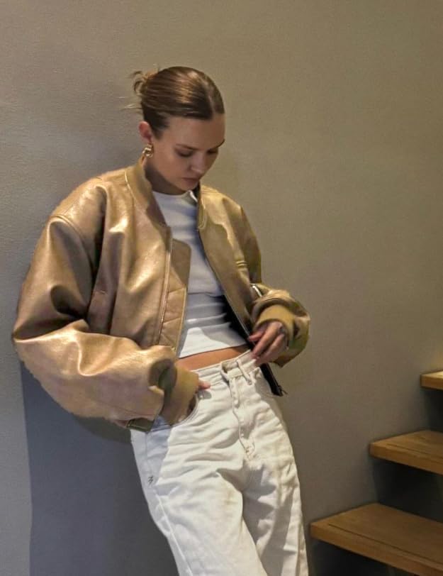 Cicy Bell Womens Faux Leather Bomber Jackets Baseball Collar Zip Up Cropped Biker Coat with Pockets - Image 2