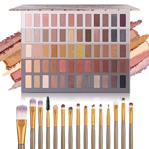UCANBE Palette de fards à paupières Pro 60 nuances + 15 pinceaux de maquillage à haute pigmentation Naked Nudes Shimmer Matte Metallic Smokey Eyeshadow Soft Powder Cream Blending Brush Neutral Palette Cover