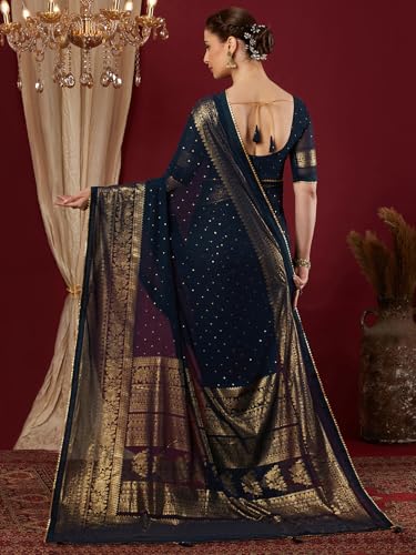 Image of SAMAH Women's Georgette Foil Printed Lace Work Saree with Unstitched Blouse Piece