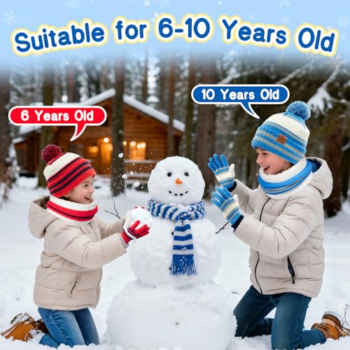 Image of Kids Winter Hat Gloves Scarf Set: Girls Boys Beanie Fleece Lined Ages 6-10