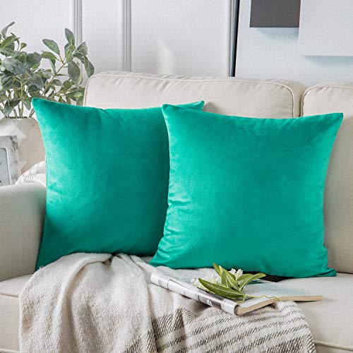 Phantoscope Pack of 2 Velvet Decorative Throw Pillow Covers Soft Solid Square Cushion Case for Couch Turquoise 18 x 18 inches 45 x 45 cm