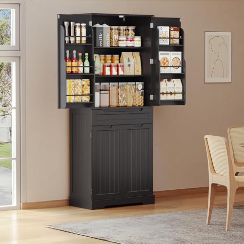 Gizoon 64" Tall Kitchen Pantry Cabinet with Doors and Shelves Large Stand Up Pantry Storage Cabinet with Drawer Large Food Cupboard for Kitchen Bathroom Craft Room, Black