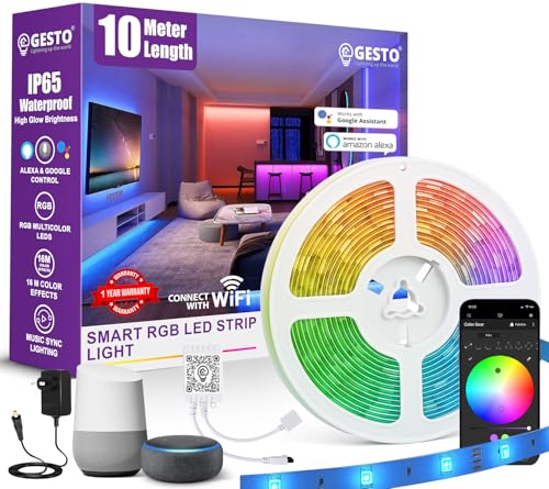 Gesto 10 Meter Smart RGB LED Strip Light With Adaptor| 300 LED Strip with App Control,Alexa & Google Assistant | 16 Million Color Effects,Music Sync | WiFi LED Light for Ceiling,Bedroom & Diwali Decor