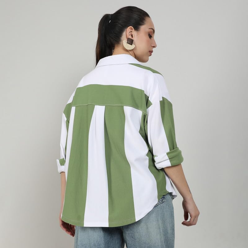 Image of PINACOLADA Women's Boxy Striped Shirt for Casual Wear | Spread Collar | Cuffed Sleeves | Button Closure | Shirt Crafted with Comfort Fit for Everyday Wear
