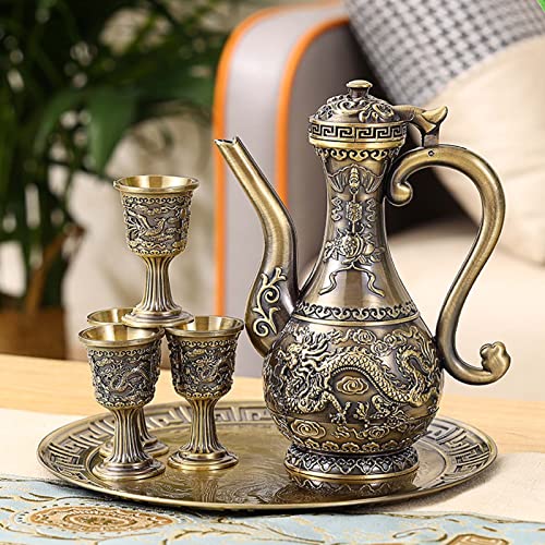 Vintage Turkish Coffee Pot and Cups Set,Teapot Tea Service Set Including 4 Metal Cups and Tea Tray for Tea Table Decor,Wedding Ornament (Bronze)