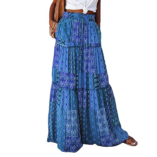 Women's Retro Print Maxi Skirt Boho Floral High Waist Split A Line Midi Skirt Vintage Lace-Up Long Skirt Streetwear