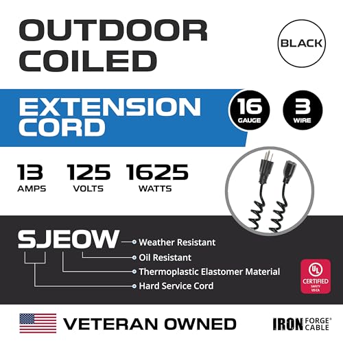 Iron Forge Cable SJEOW Black Outdoor Coiled Extension Cord 5 ft, 16/3 13 Amp Oil Resistant & Flame Retardant 3 Prong Coiled Electrical Wire 5ft for Outdoor & Indoor by IRON FORGE CABLE - Used condition - Image 2