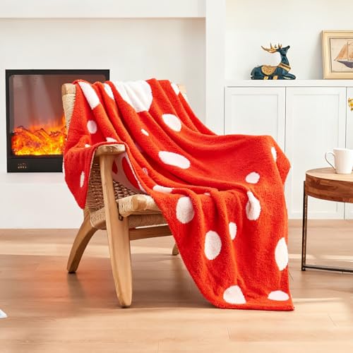 Image of CozeCube Reversible Knit Throw Blanket, Orange Red White Polka Dot, 50 inchx60 inch
