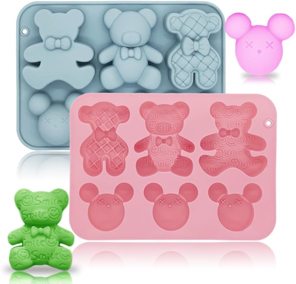 2 Pcs 6 Lane 3D Cartoon Bear Silicone Cake Mould, Chocolate Mould DIY Decoration Baking Mould, DIY Baking Tools for Handmade Cakes, Fondant Moulds, Candy Making Supplies