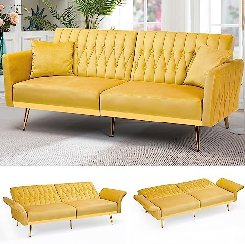 ACMEASE 70” Velvet Futon Sofa Bed w/Adjustable Armrests & 2 Pillows, Convertible Futon Couch, Modern Sleeper Bed for Living Room, Bedroom, Yellow