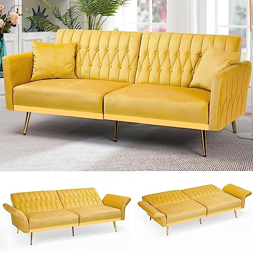 Acmease 70” Velvet Futon Sofa Bed W/Adjustable Armrests & 2 Pillows, Convertible Futon Couch, Modern Sleeper Bed For Living Room, Bedroom, Yellow #TOP18
