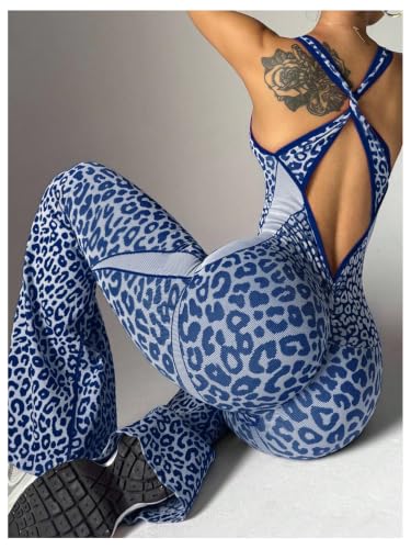 Image of Verdusa Women's Cheetah Print Workout Sets Yoga Jumpsuit Criss Cross Sleeveless Work Out Clothes Flared Pants Jumpsuits