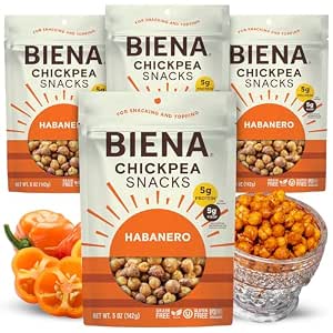 Biena Chickpea Snacks - Crunchy Roasted Chickpeas - Habanero Flavor - 4-Pack, 5 Ounce
