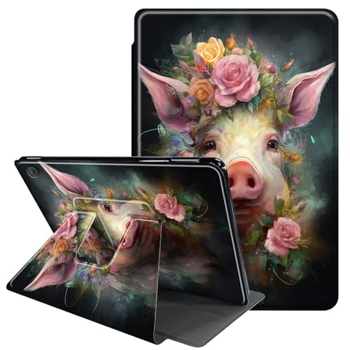 RAUEDWDJS for iPad 9th Generation Case (2021)/8th Gen (2020)/ 7th Gen (2019) 10.2 Inch-360 Degree Rotating Multi-Angle Viewing Protective Cover with Auto Sleep/Wake-Cute Pink Flower Pig