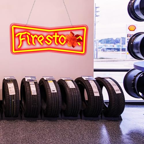 Image of WonderfulLife Fire Stone Tires Neon Sign for Garage or Auto Repair Store,Bright Light for Automotive Supplies Store Display,5V USB Powered Easy Hanging.