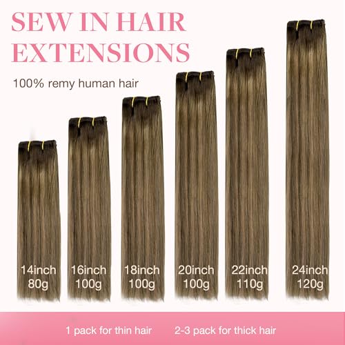Image of GOO GOO Sew in Hair Extensions Real Human Hair, Weft Hair Extensions Human Hair, 4D /14 /5B Brunette Balayage 22inch 110g, Weft Bundles Straight Silky Remy Hair
