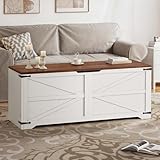 DWVO Storage Bench, 47.2' Farmhouse Storage Chest with 2 Safety Hinges, Wooden Utility Organizer, Shoe Bench for Entryway, Bedroom, Living Room, White and Walnut